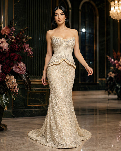 Strapless Sweetheart Crystal-Beaded Peplum Sequin Mermaid Evening Gown
