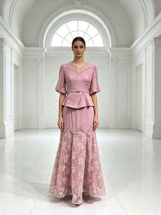 Elegant Lace Mother of The Bride Dress with Peplum Top, V Neck Formal Evening Gown