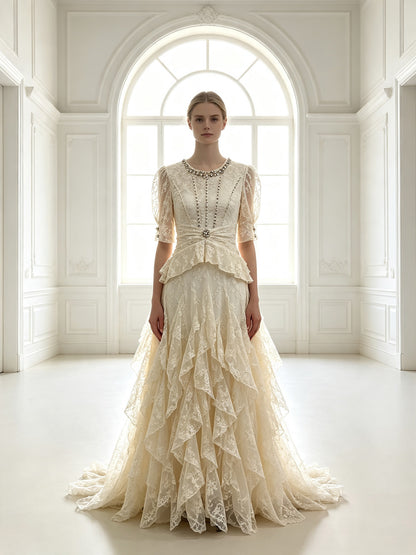 Elegant Lace Peplum Formal Evening Dress Short Sleeve Floor Length Wedding Guest Gown