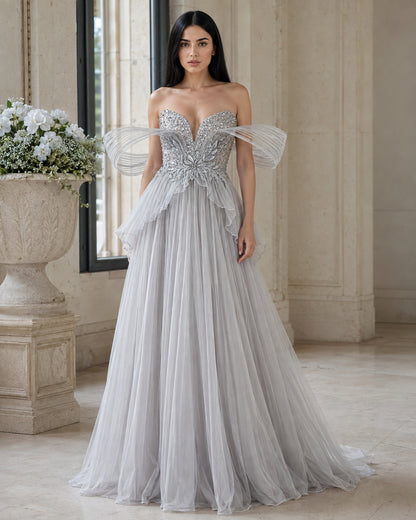 Sculptural Off-Shoulder Plunging Sweetheart Beaded Tulle A-Line Evening Gown