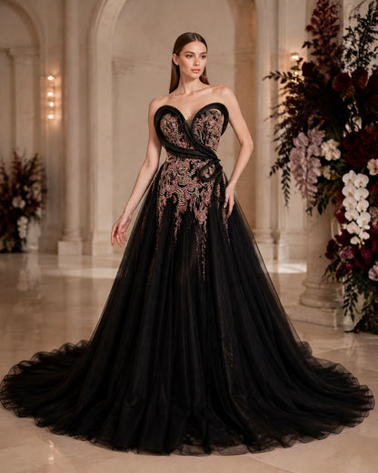 Strapless Sculptural Sweetheart Crystal-Beaded Tulle A-Line Prom Gown