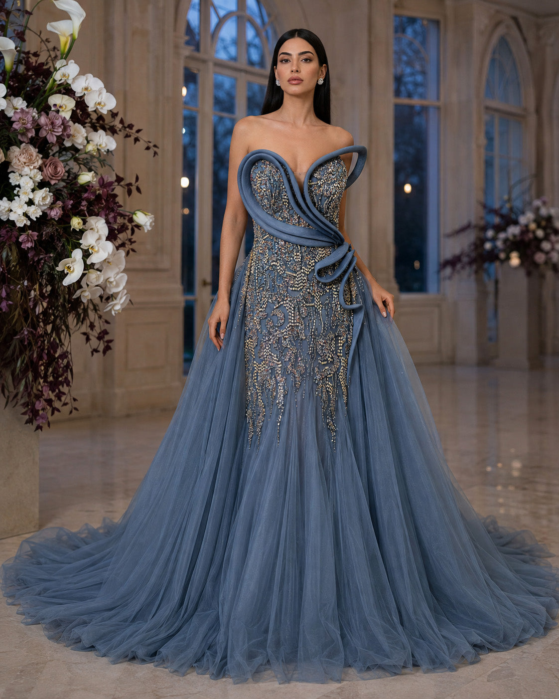 Strapless Sculptural Sweetheart Crystal-Beaded Tulle A-Line Prom Gown