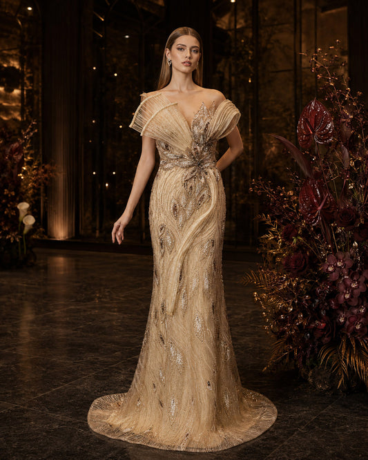 Sculptural One-Shoulder Leaf-Motif Beaded Mermaid Evening Gown with Train