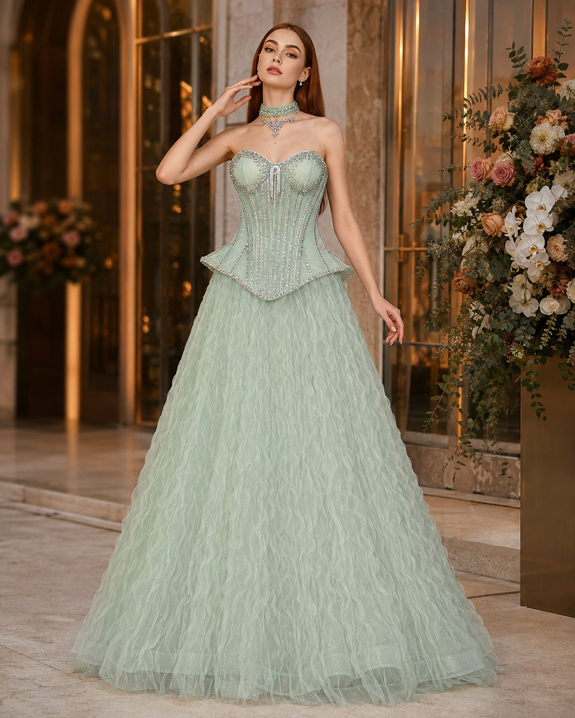 Strapless Sweetheart Crystal-Beaded Peplum Textured Tulle Ball Gown for Prom