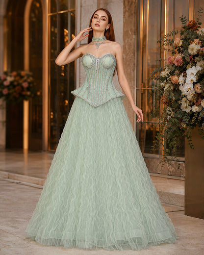 Strapless Sweetheart Crystal-Beaded Peplum Textured Tulle Ball Gown for Prom