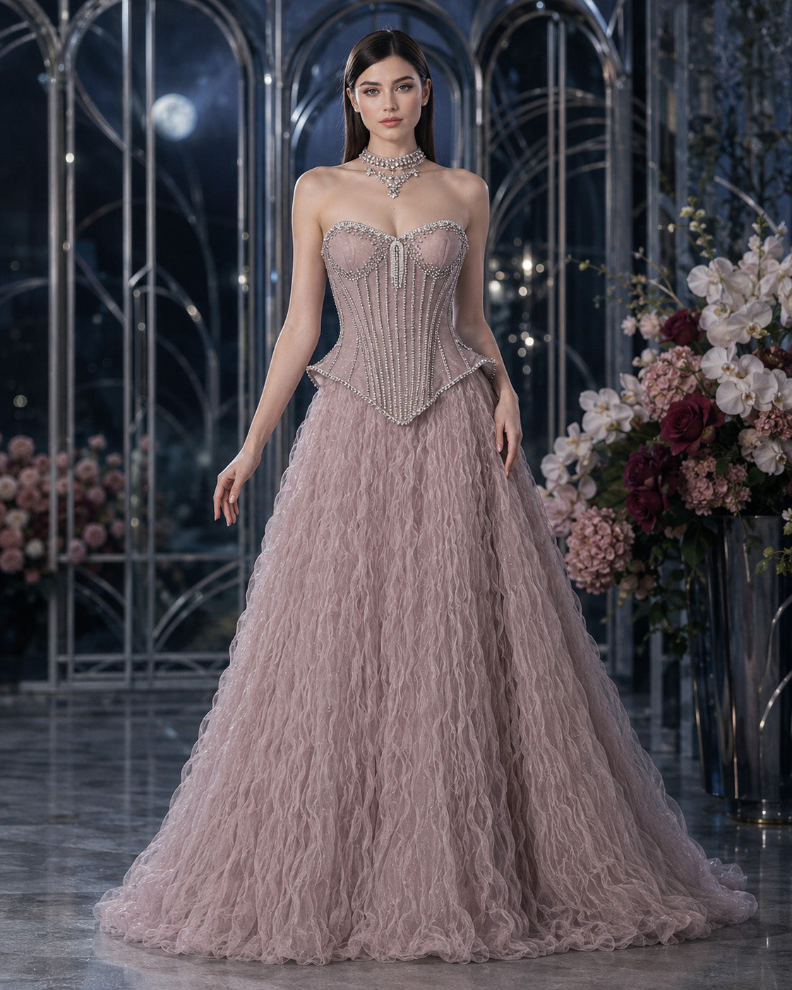 Strapless Sweetheart Crystal-Beaded Peplum Textured Tulle Ball Gown for Prom