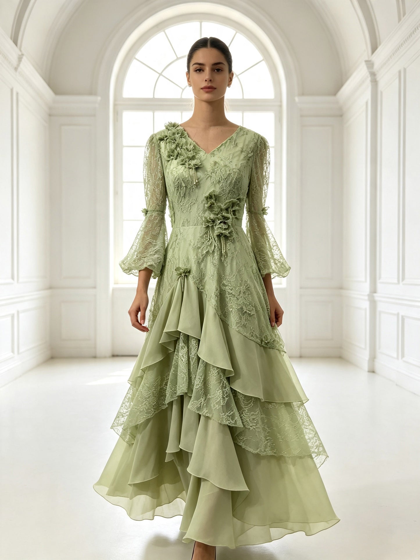 Plus Size Sage Green Lace Wedding Guest Dress | 3D Floral V-Neck Flared Sleeve Ruffled Maxi Evening Gown