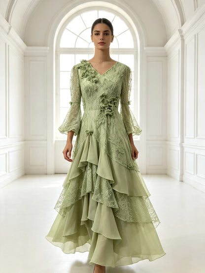 Elegant Lace Evening Dress with Floral Appliqué Long Sleeve A-Line Formal Gown