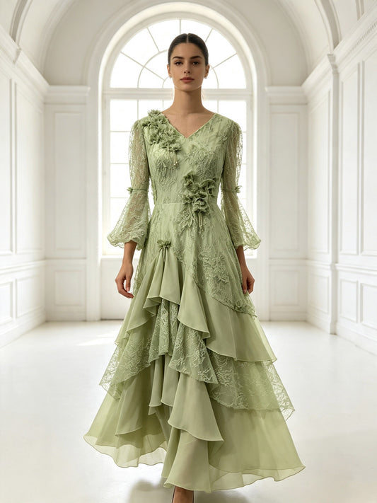 Elegant Lace Evening Dress with Floral Appliqué Long Sleeve A-Line Formal Gown