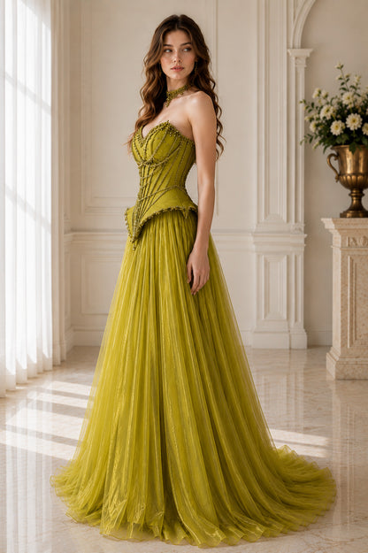 Strapless Sweetheart Crystal-Beaded Lace Basque-Waist A-Line Evening Gown