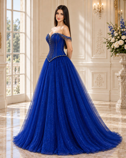 Off-Shoulder Sweetheart Crystal-Fringe Corset Tulle Ball Gown for Prom