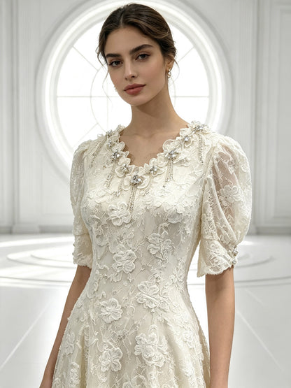 Elegant Ivory Lace Formal Dress with Floral Appliqué Puff Sleeves Long Gown