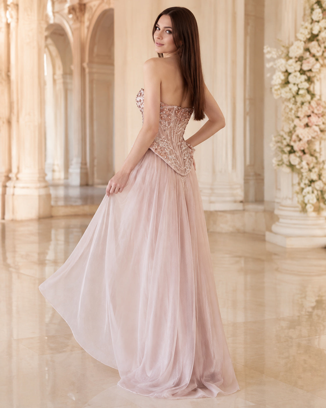 Strapless Sweetheart Floral-Beaded Corset A-Line Tulle Evening Gown