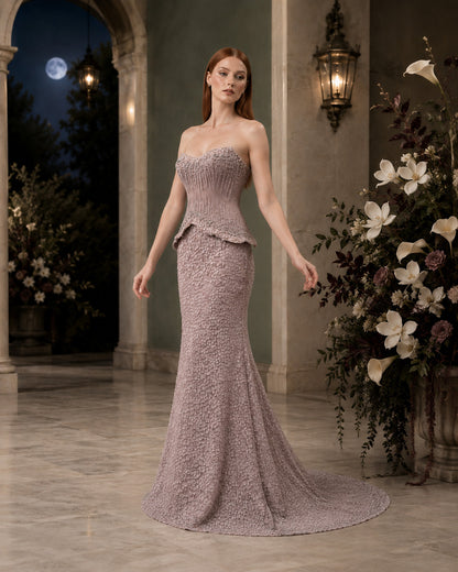 Strapless Sweetheart Crystal-Beaded Peplum Sequin Mermaid Evening Gown