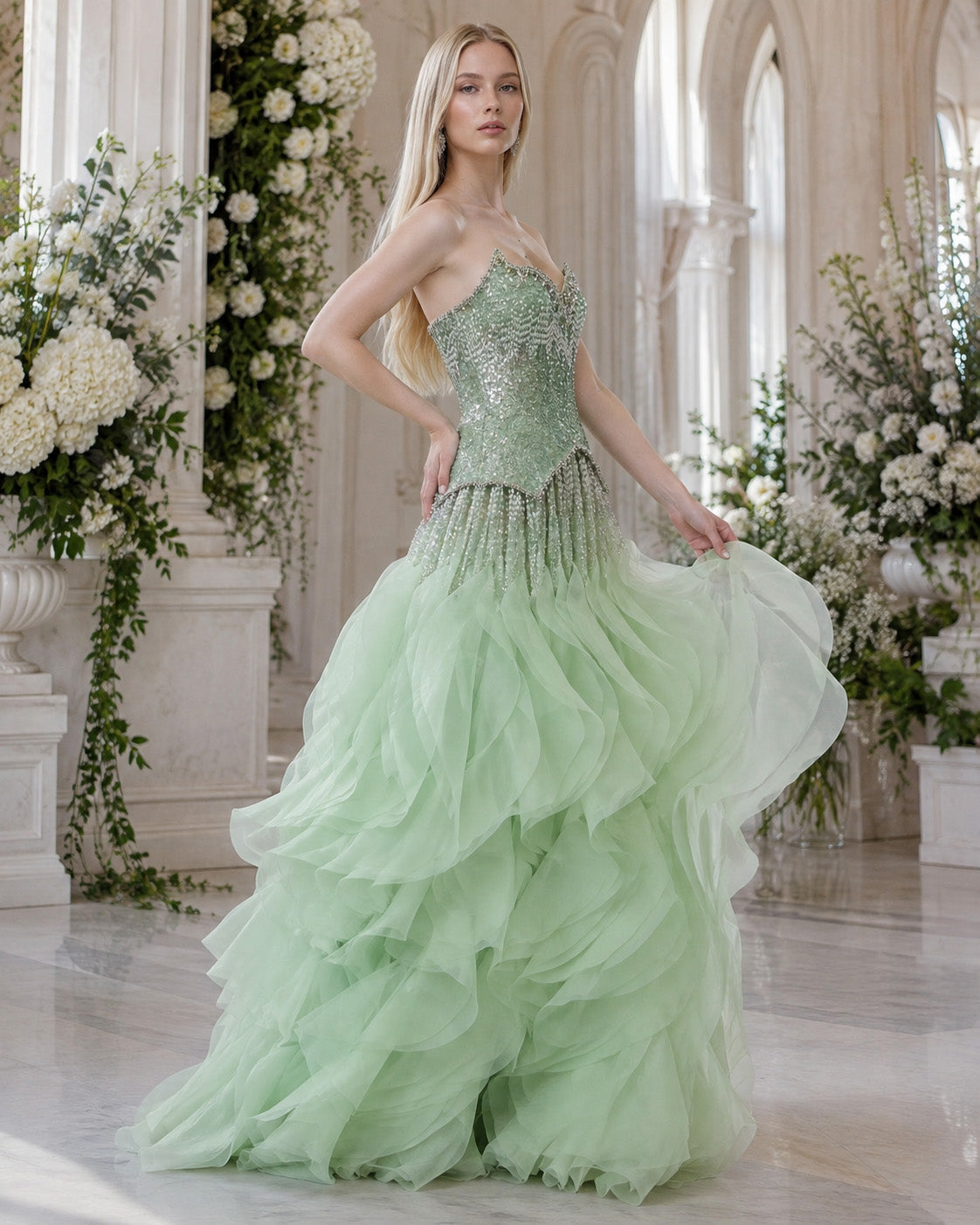 Strapless Sweetheart Crystal-Beaded Tiered Ruffle Tulle Prom Gown