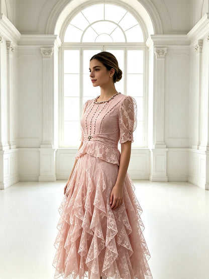 Elegant Lace Peplum Formal Evening Dress Short Sleeve Floor Length Wedding Guest Gown