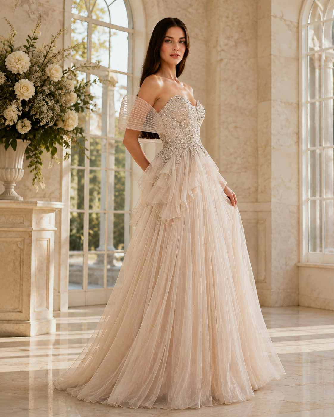 Sculptural Off-Shoulder Plunging Sweetheart Beaded Tulle A-Line Evening Gown