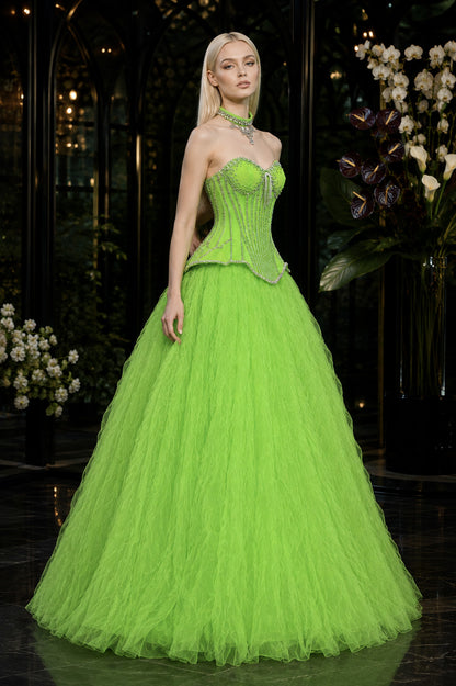 Strapless Sweetheart Crystal-Beaded Peplum Textured Tulle Ball Gown for Prom