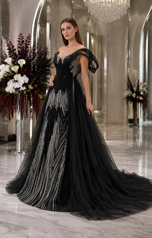 Off-Shoulder Crystal-Beaded A-Line Evening Gown with Sculptural Tulle Sleeves