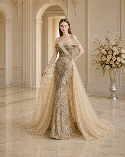 Off-Shoulder Draped Crystal-Beaded Mermaid Evening Gown with Tulle Overskirt