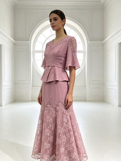 Elegant Lace Mother of The Bride Dress with Peplum Top, V Neck Formal Evening Gown