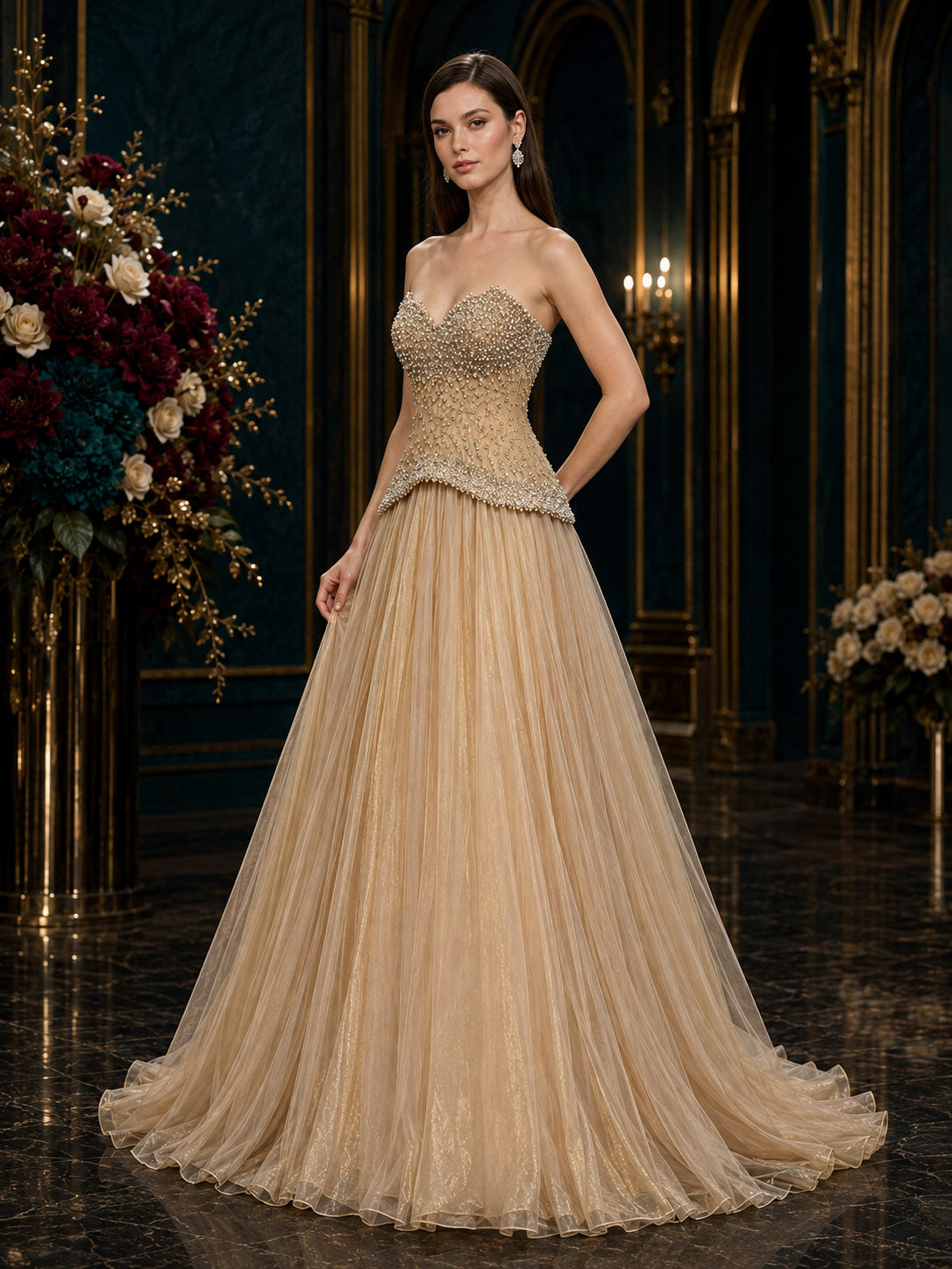 Strapless Sweetheart Pearl-Beaded Peplum Tulle A-Line Evening Gown