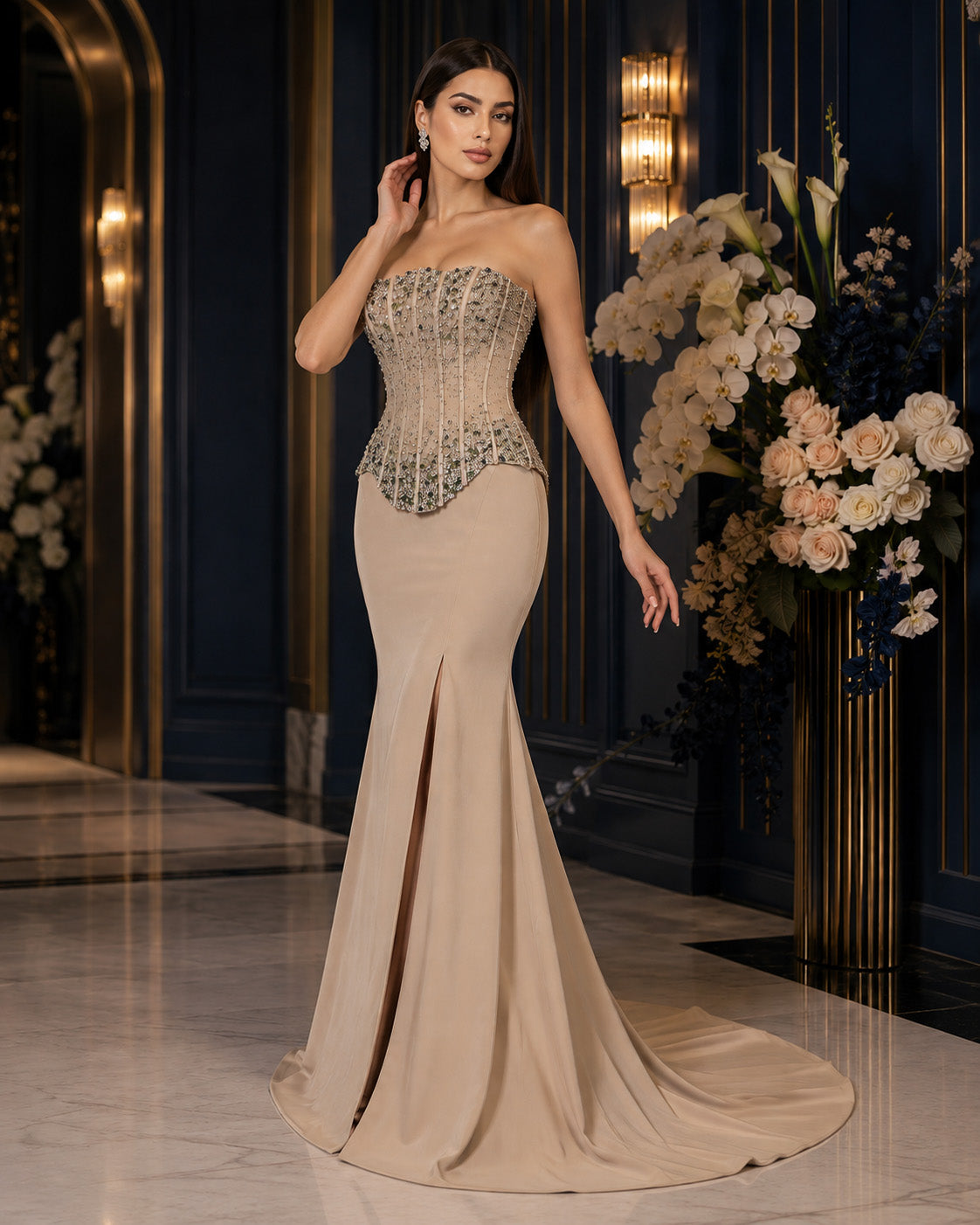 Strapless Crystal-Beaded Peplum Mermaid Evening Gown with Front Slit