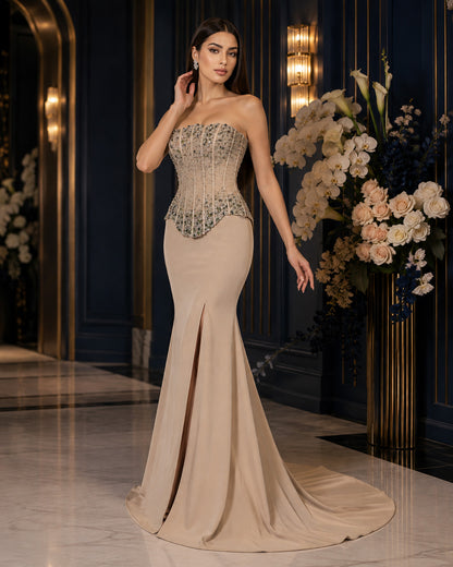 Strapless Crystal-Beaded Peplum Mermaid Evening Gown with Front Slit