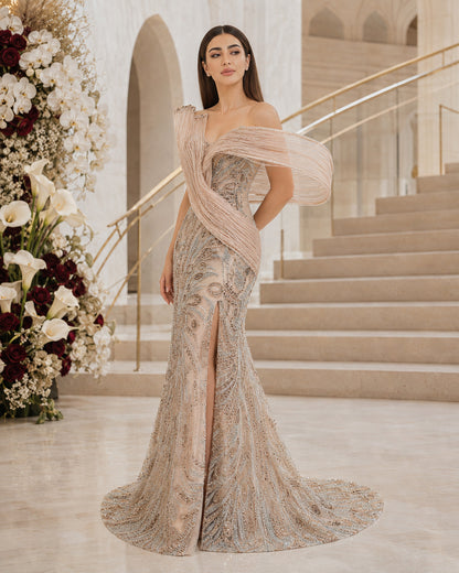 Sculptural One-Shoulder Paisley Sequin-Beaded Mermaid Evening Gown with Train