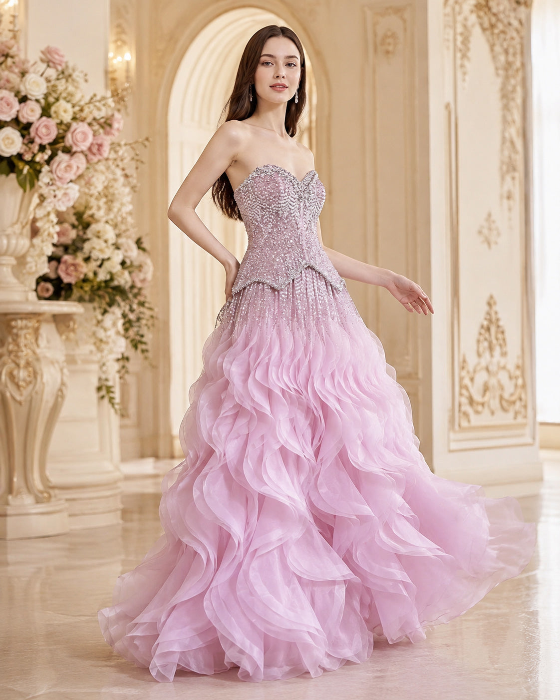 Strapless Sweetheart Crystal-Beaded Tiered Ruffle Tulle Prom Gown
