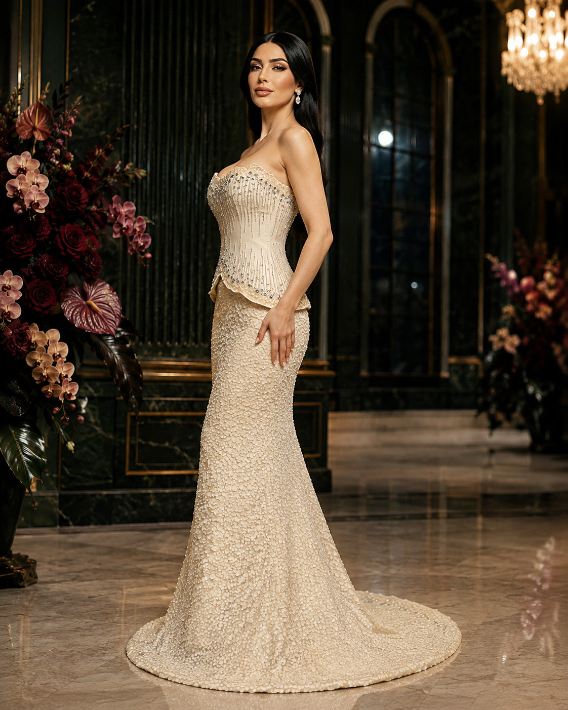 Strapless Sweetheart Crystal-Beaded Peplum Sequin Mermaid Evening Gown