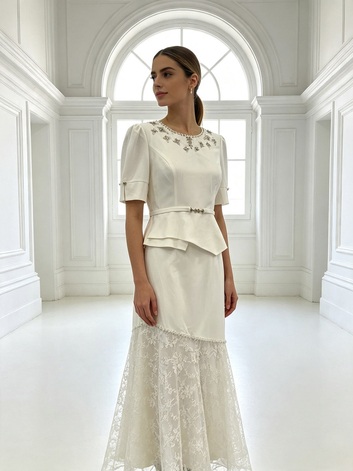 Elegant Lace Maxi Dress Women Short Sleeve Formal Evening Wedding Guest Dress