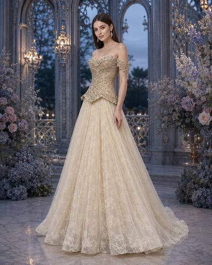 Off-Shoulder Scalloped Crystal-Beaded Lace Tulle A-Line Formal Gown