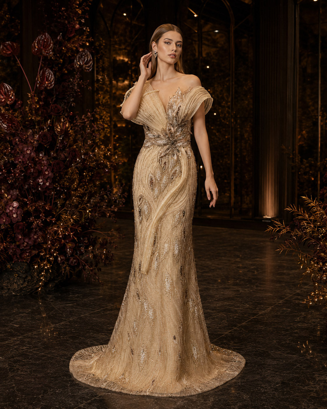 Sculptural One-Shoulder Leaf-Motif Beaded Mermaid Evening Gown with Train