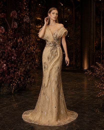 Sculptural One-Shoulder Leaf-Motif Beaded Mermaid Evening Gown with Train