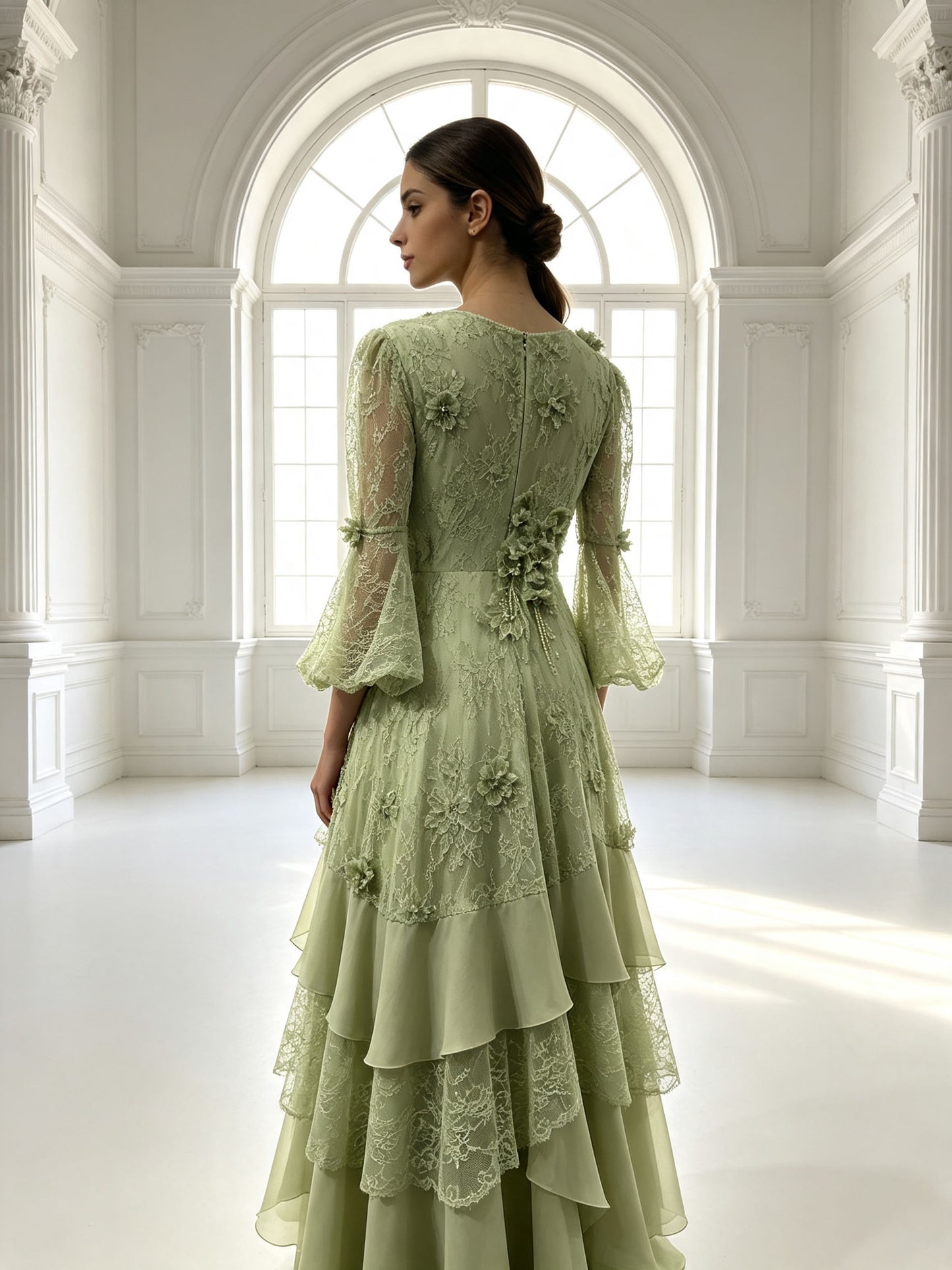 Plus Size Sage Green Lace Wedding Guest Dress | 3D Floral V-Neck Flared Sleeve Ruffled Maxi Evening Gown