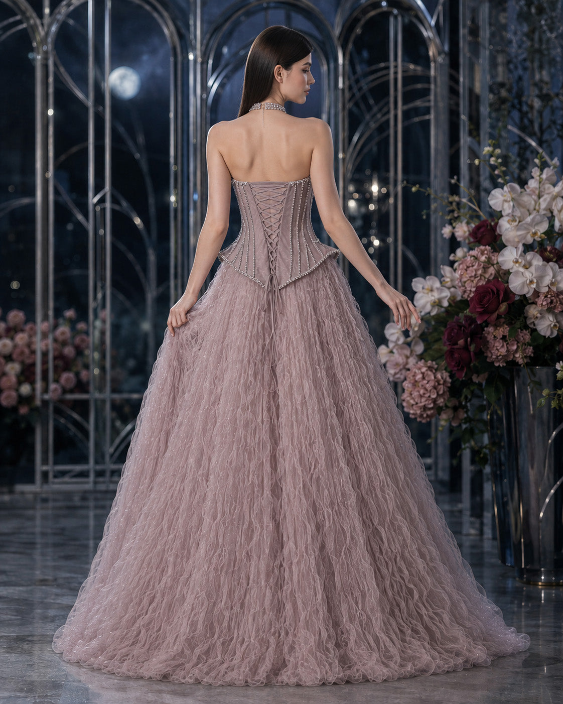 Strapless Sweetheart Crystal-Beaded Peplum Textured Tulle Ball Gown for Prom