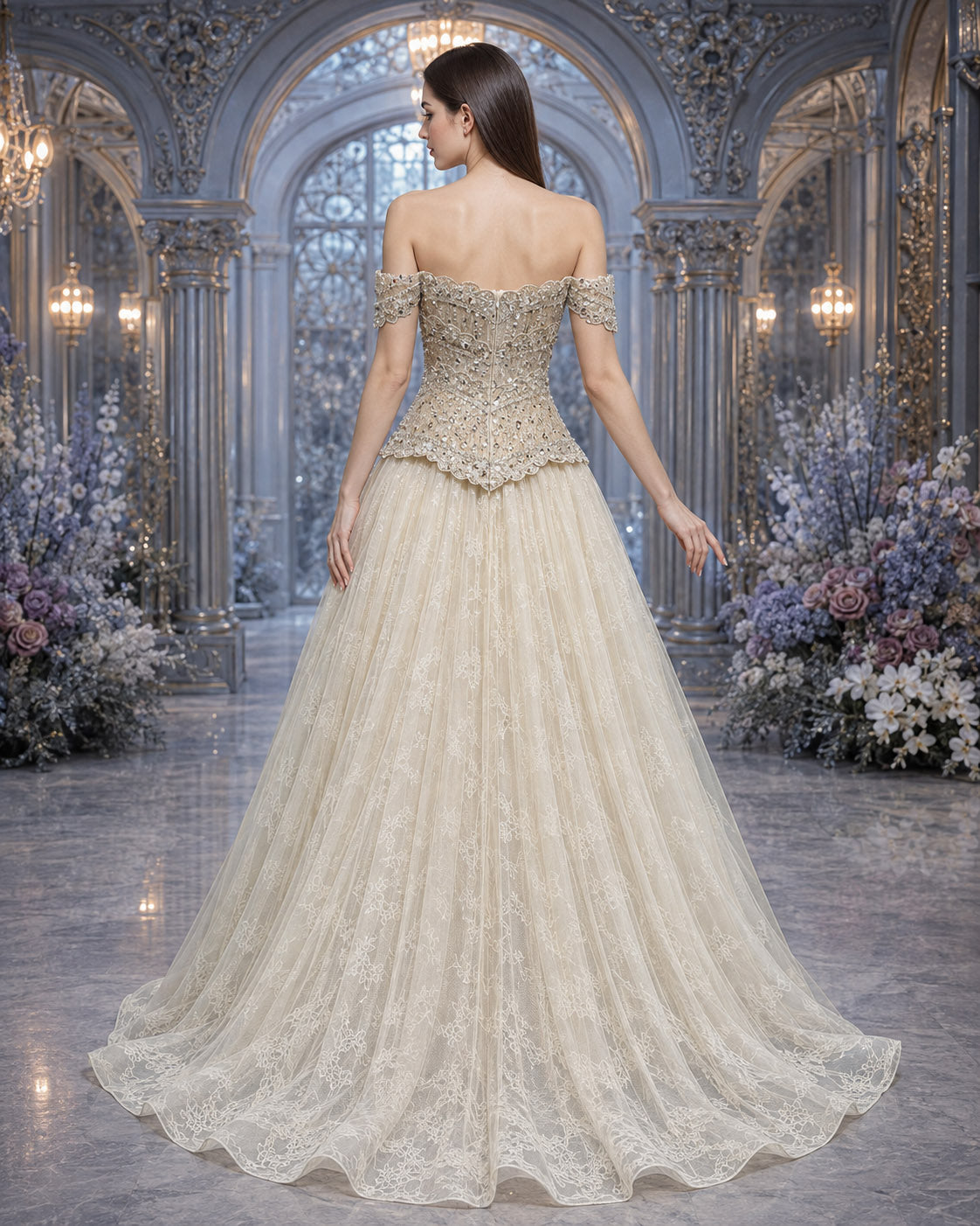 Off-Shoulder Scalloped Crystal-Beaded Lace Tulle A-Line Formal Gown