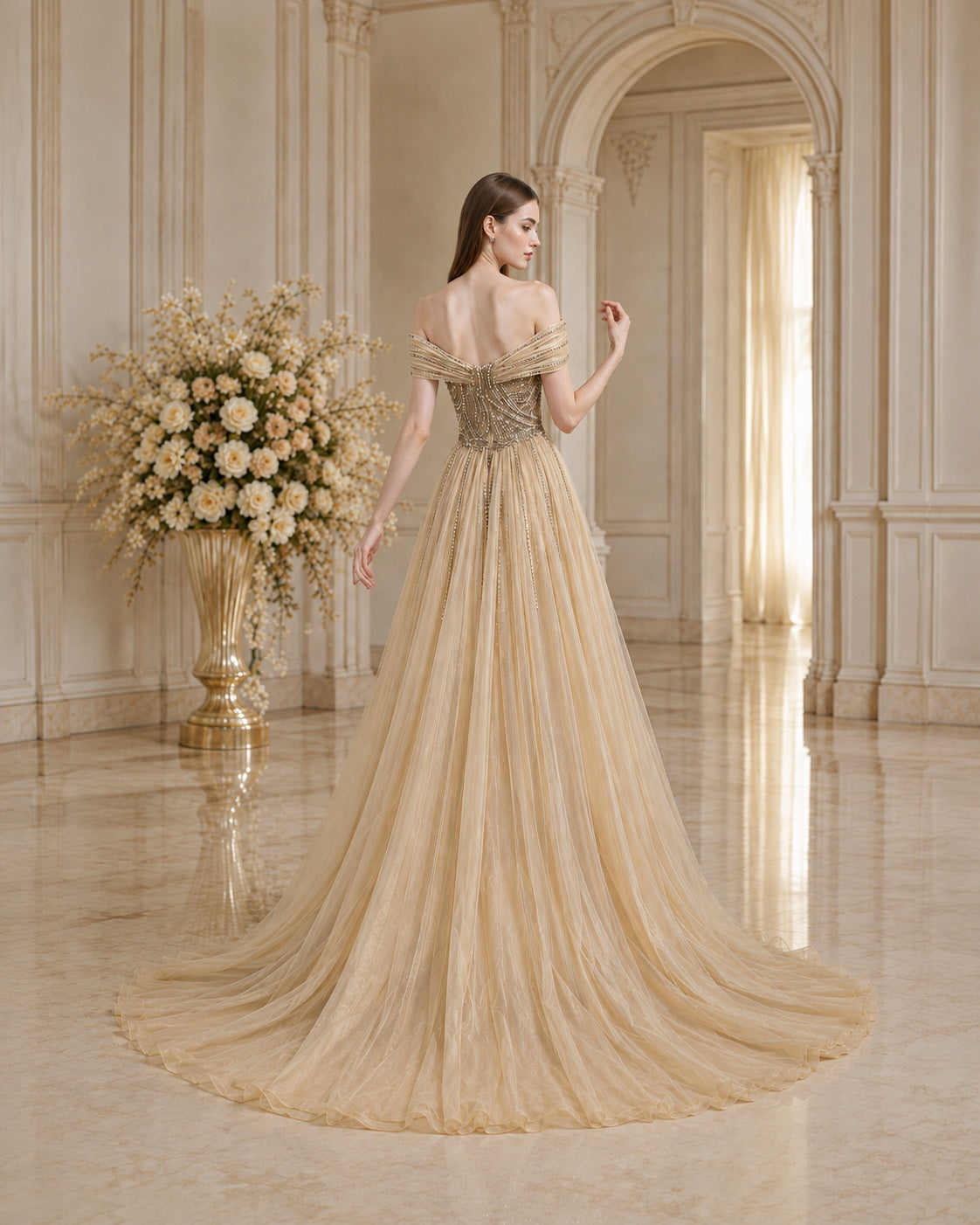 Off-Shoulder Draped Crystal-Beaded Mermaid Evening Gown with Tulle Overskirt