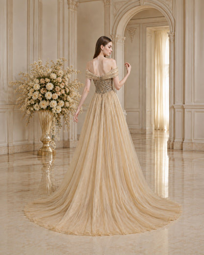Off-Shoulder Draped Crystal-Beaded Mermaid Evening Gown with Tulle Overskirt