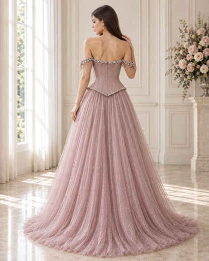 Off-Shoulder Sweetheart Crystal-Fringe Corset Tulle Ball Gown for Prom