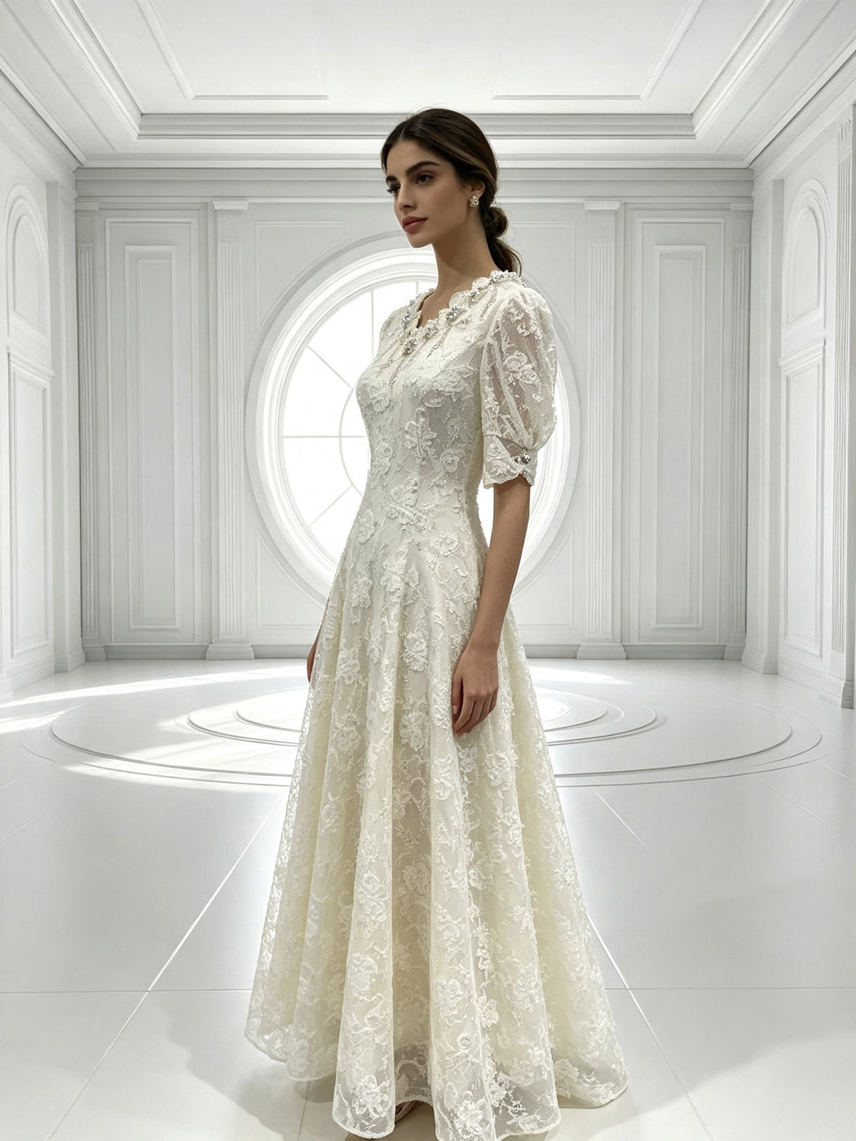 Elegant Ivory Lace Formal Dress with Floral Appliqué Puff Sleeves Long Gown