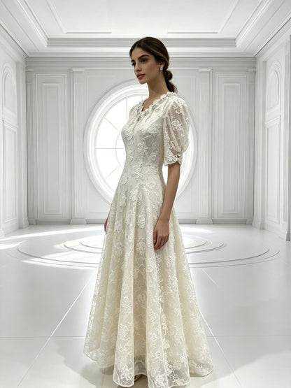 Elegant Ivory Lace Formal Dress with Floral Appliqué Puff Sleeves Long Gown