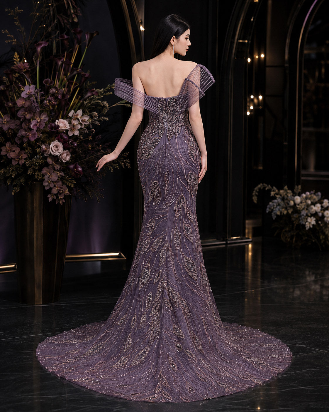 Sculptural One-Shoulder Leaf-Motif Beaded Mermaid Evening Gown with Train