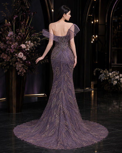 Sculptural One-Shoulder Leaf-Motif Beaded Mermaid Evening Gown with Train