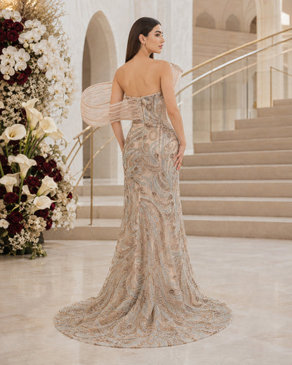 Sculptural One-Shoulder Paisley Sequin-Beaded Mermaid Evening Gown with Train