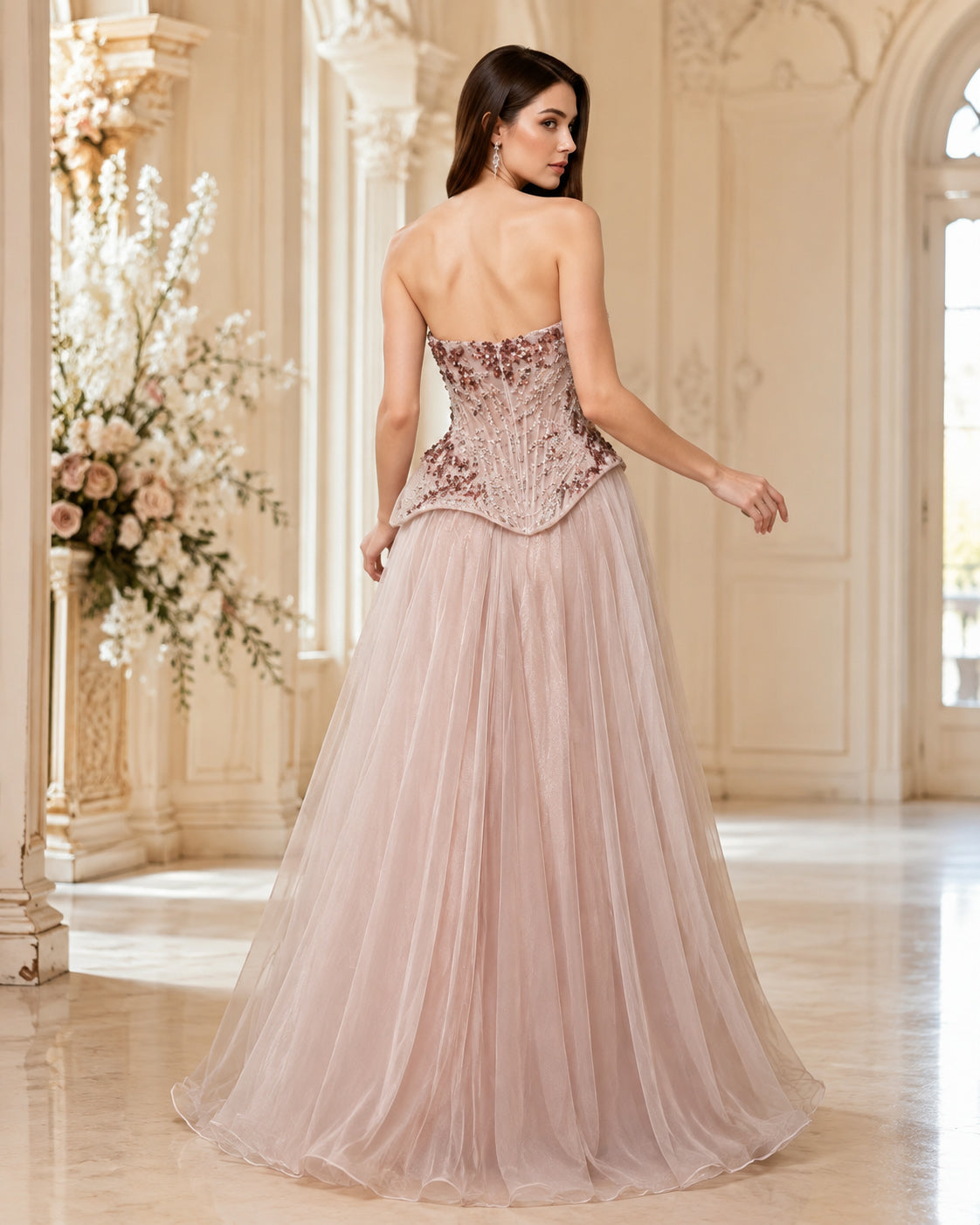 Strapless Sweetheart Floral-Beaded Corset A-Line Tulle Evening Gown