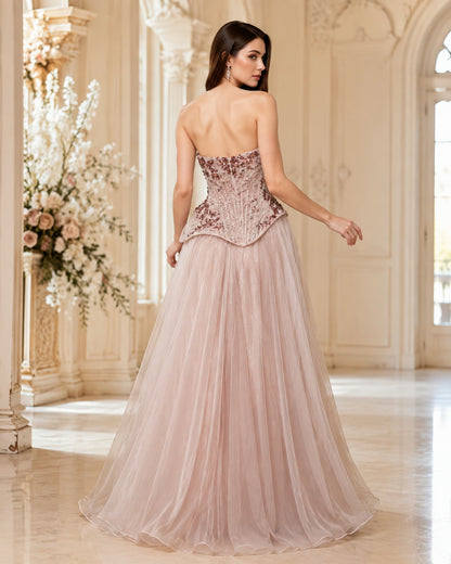 Strapless Sweetheart Floral-Beaded Corset A-Line Tulle Evening Gown