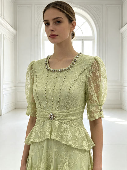 Elegant Lace Peplum Formal Evening Dress Short Sleeve Floor Length Wedding Guest Gown