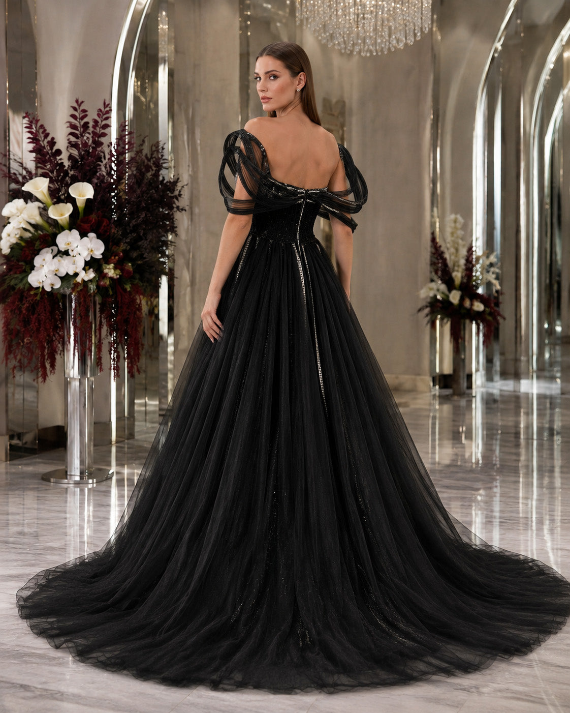 Off-Shoulder Crystal-Beaded A-Line Evening Gown with Sculptural Tulle Sleeves